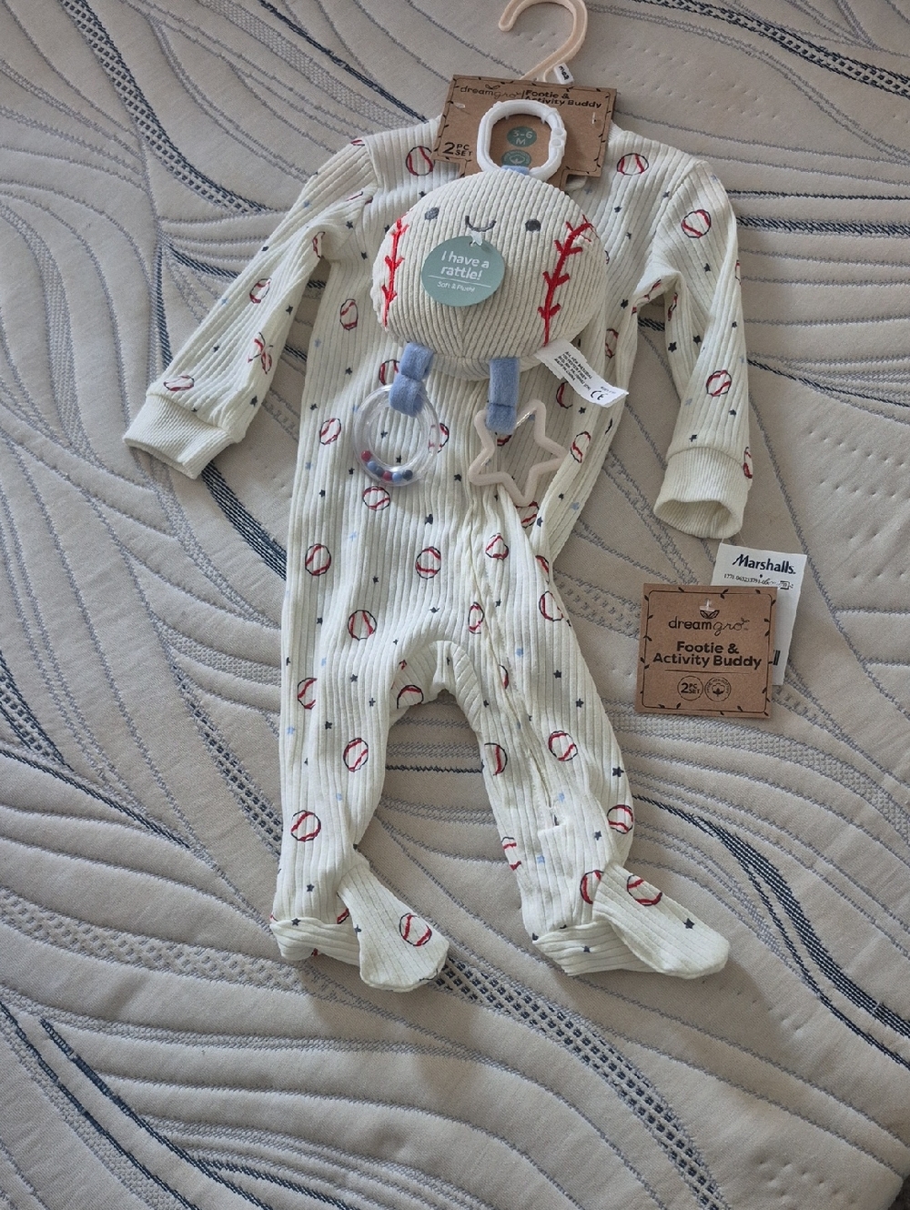 Dreamgirl Cream Baseball-Print Footed One-Piece with Activity Buddy